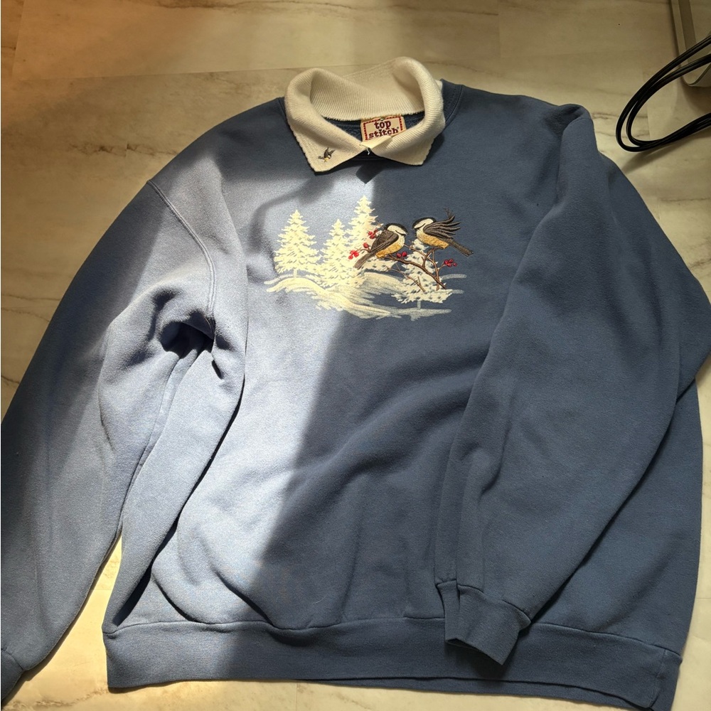 Vintage Top Stitch Collared Embroidered Bird Pull Over- XL